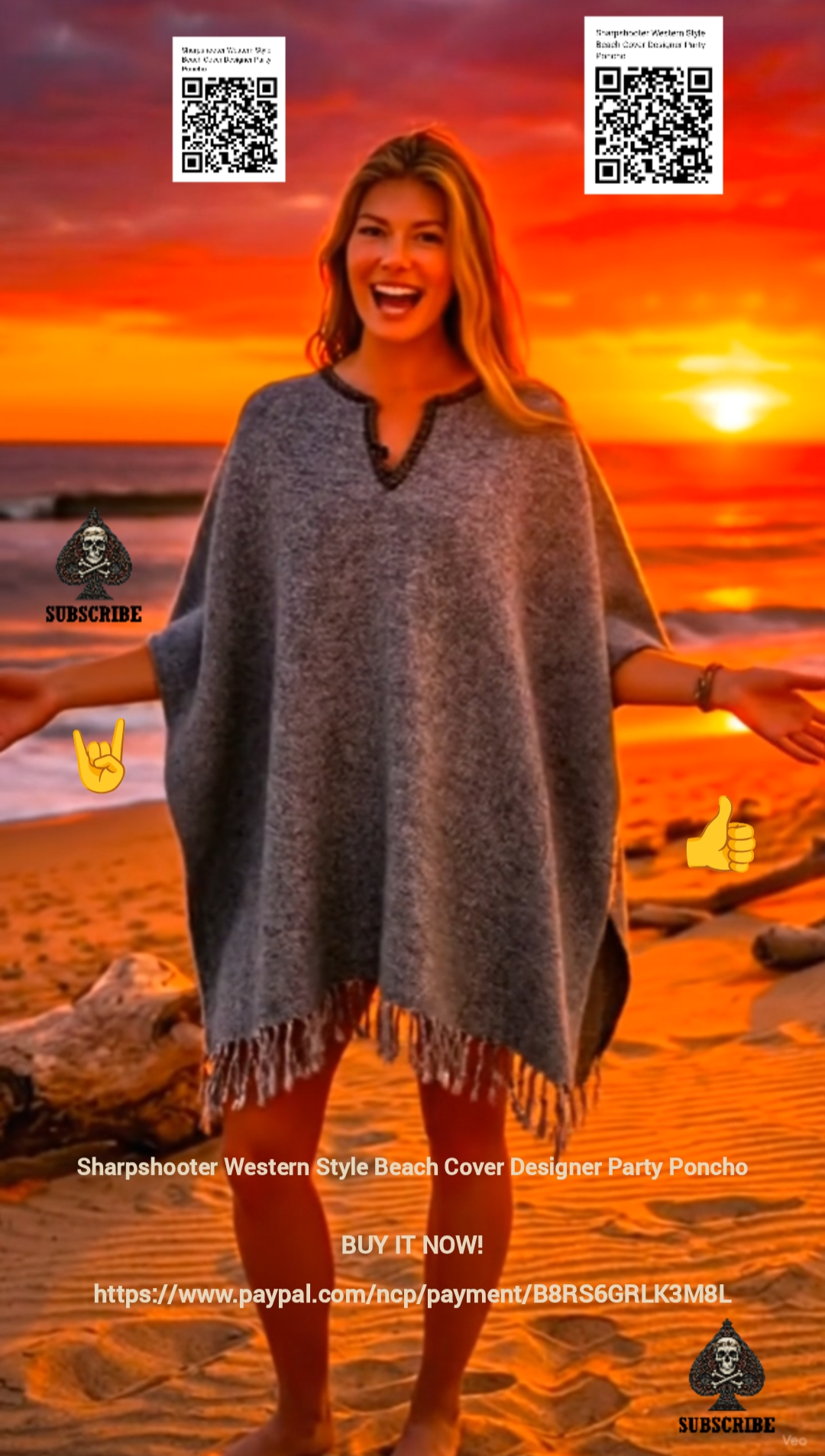 Dark-Grey-Sharpshooter-Western-Style-Beach-Cover-Designer-Party-Poncho-SOLID-COLOR-QR