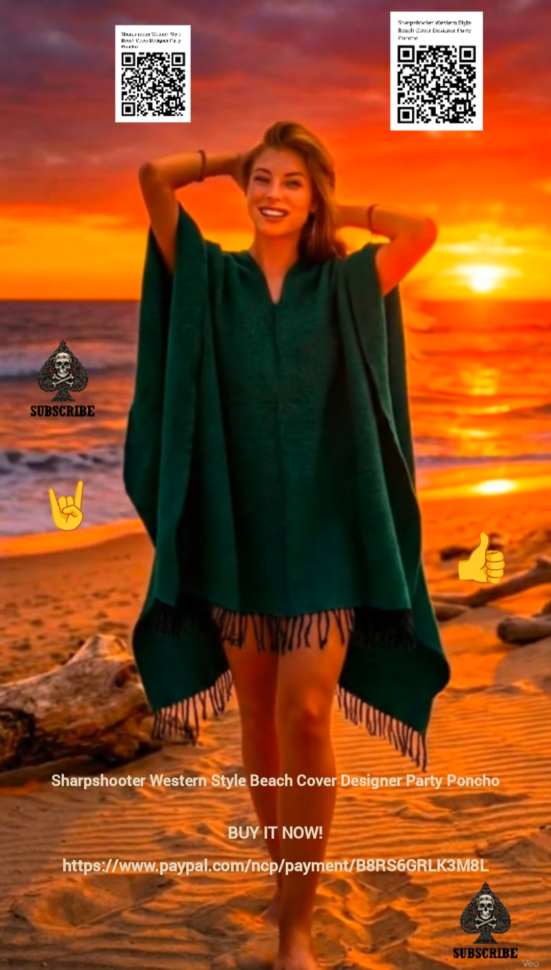 Kelly-Green-Sharpshooter-Western-Style-Beach-Cover-Designer-Party-Poncho-SOLID-COLOR-QR