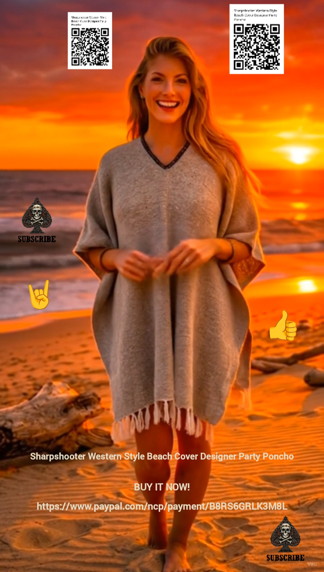 Light-Grey-Sharpshooter-Western-Style-Beach-Cover-Designer-Party-Poncho-SOLID-COLOR-QR