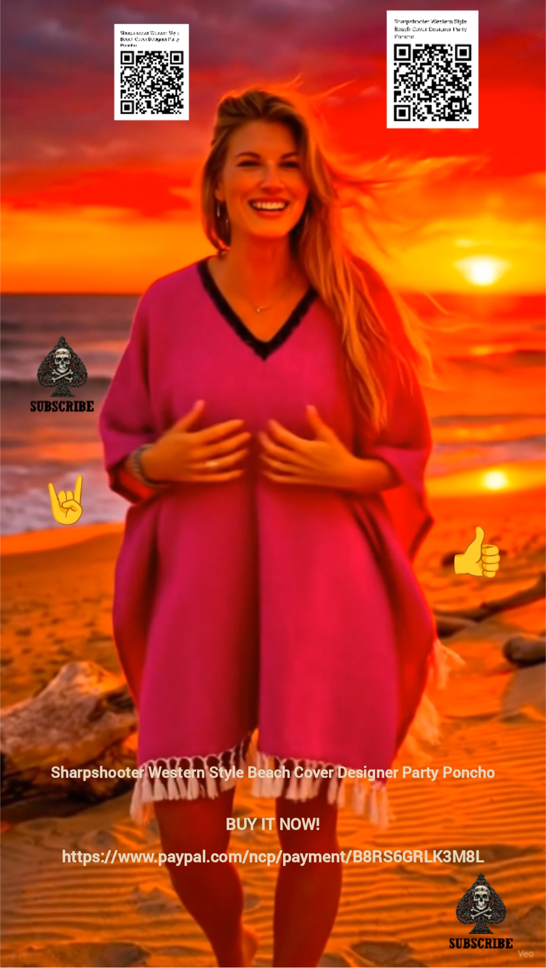Pink-Sharpshooter-Western-Style-Beach-Cover-Designer-Party-Poncho-SOLID-COLOR-QR