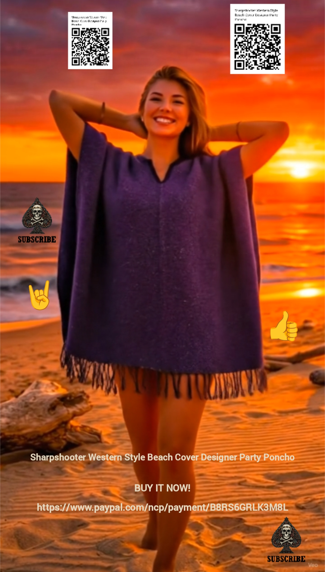 Purple-Sharpshooter-Western-Style-Beach-Cover-Designer-Party-Poncho-SOLID-COLOR-QR